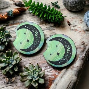 Green Floral Crescent Moon Car Coasters 2 Pack
